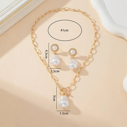 Gold-plated baroque pearl necklace and ear stud set for women with iron construction