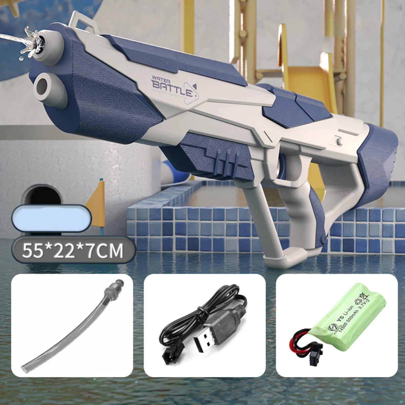 Blue automatic electric water gun with USB charging port and anti-skid grip handle.