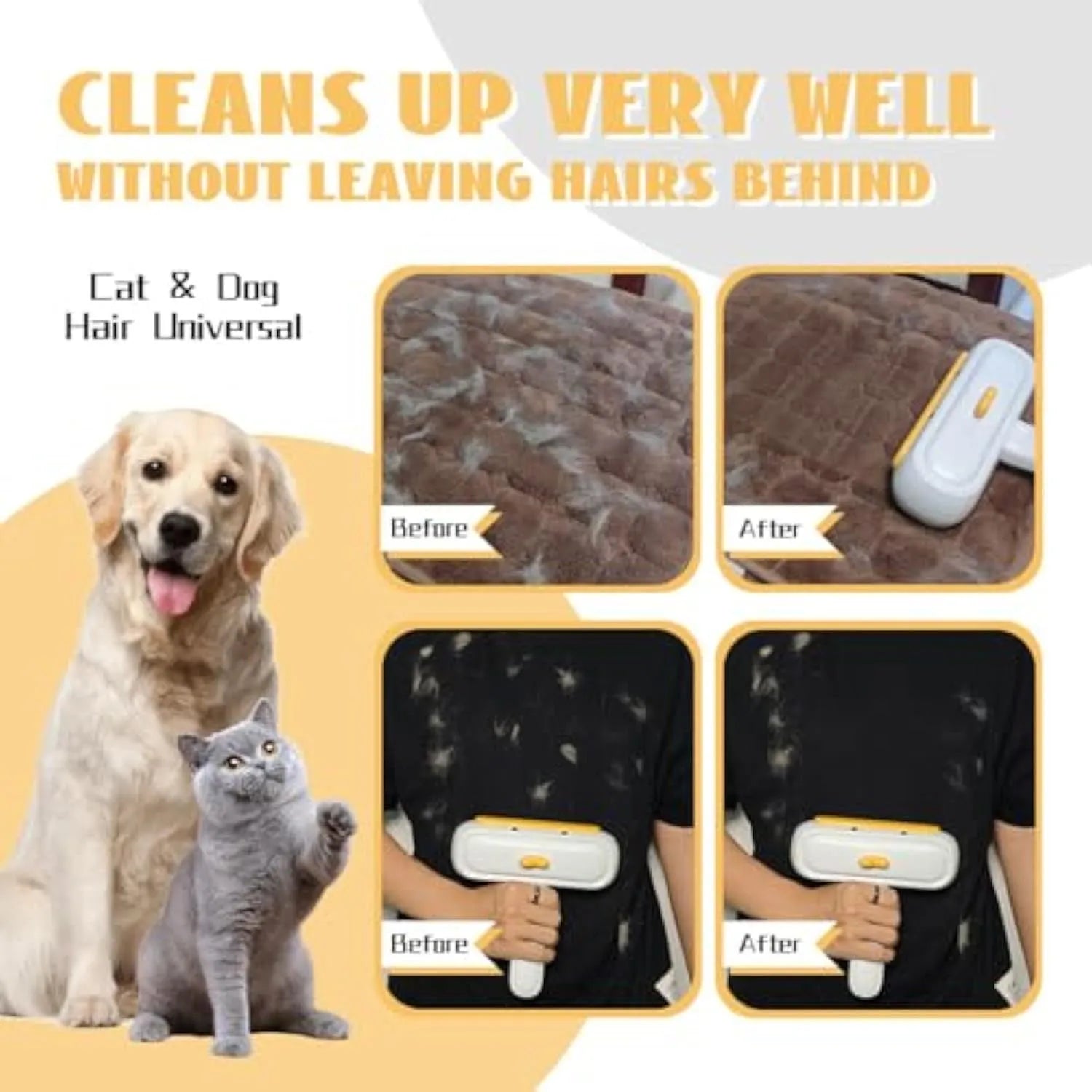 Portable pet hair remover with yellow duck design, 12cm long and 5cm wide, for removing fur from surfaces