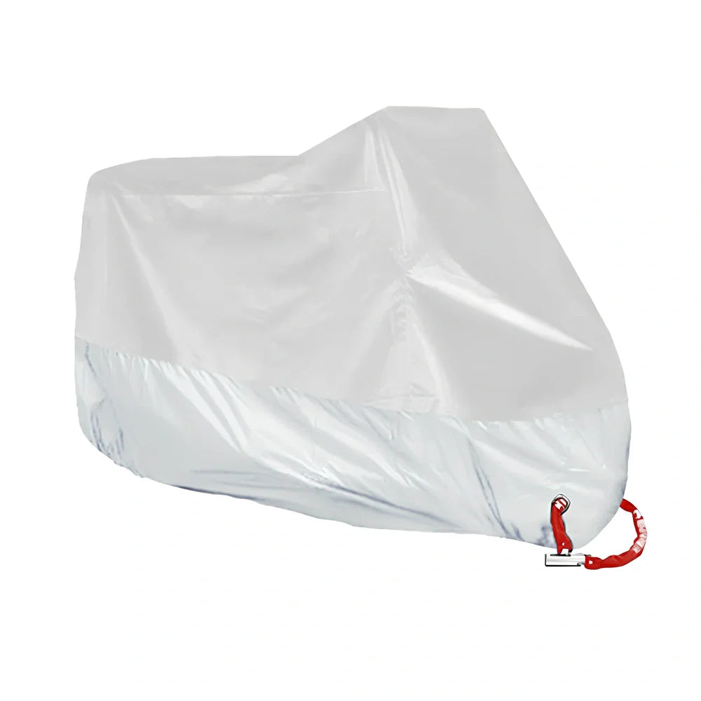 Silver coated motorbike cover showing colour blocking design on black background