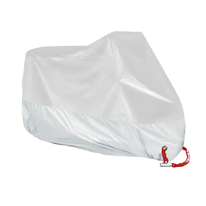 Silver coated motorbike cover showing colour blocking design on black background