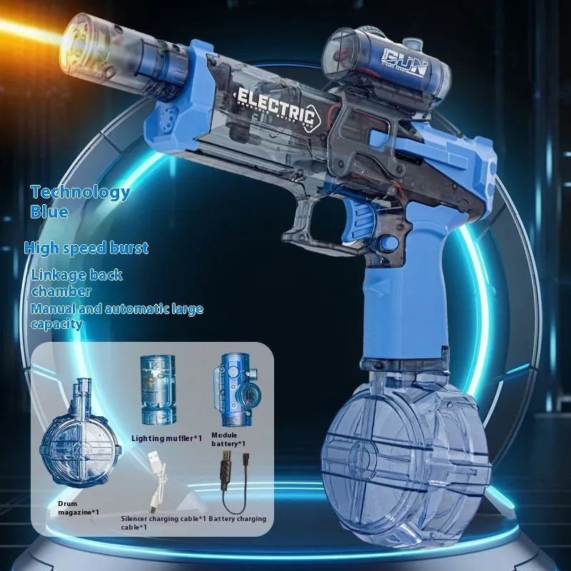 Black and blue electric water pistol toy with LED lights, shown with USB charging cable.
