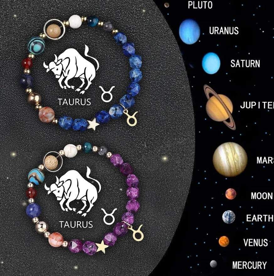 Twelve Zodiac Sign Beaded Bracelet Set with natural stone beads and adjustable cord on wrist