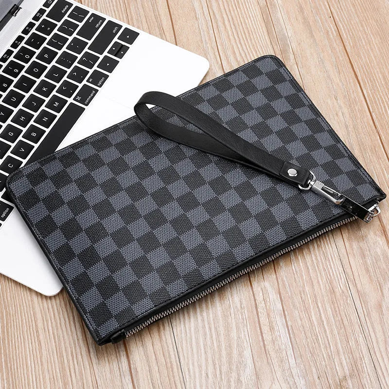 Men's black checkered PU leather clutch wallet open, showing six card slots and a central zippered pocket.