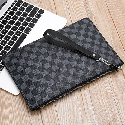 Men's black checkered PU leather clutch wallet open, showing six card slots and a central zippered pocket.