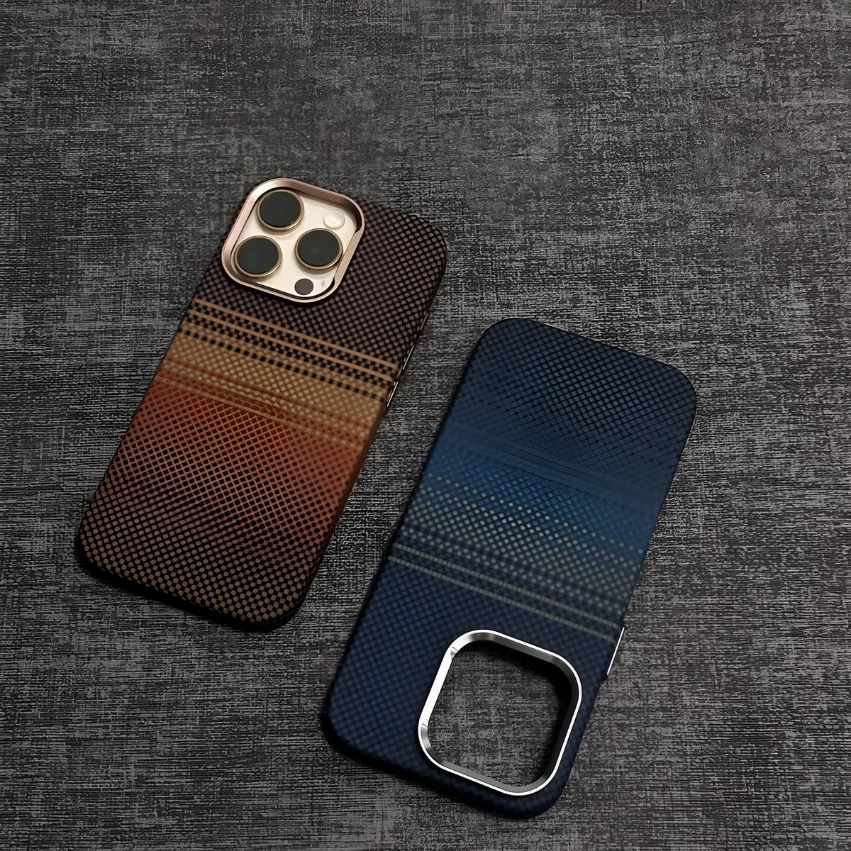Kevlar magnetic phone case in Sunset Gold or Moon Blue, all-inclusive PC cover for iPhone 13 to 16 Pro Max
