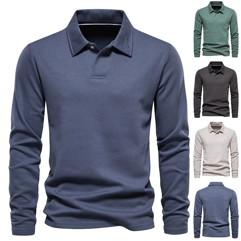 Stylish long-sleeve polo shirt in various colors, featuring a unique lapel design and made from premium cotton-blend fabric for comfort and durability.