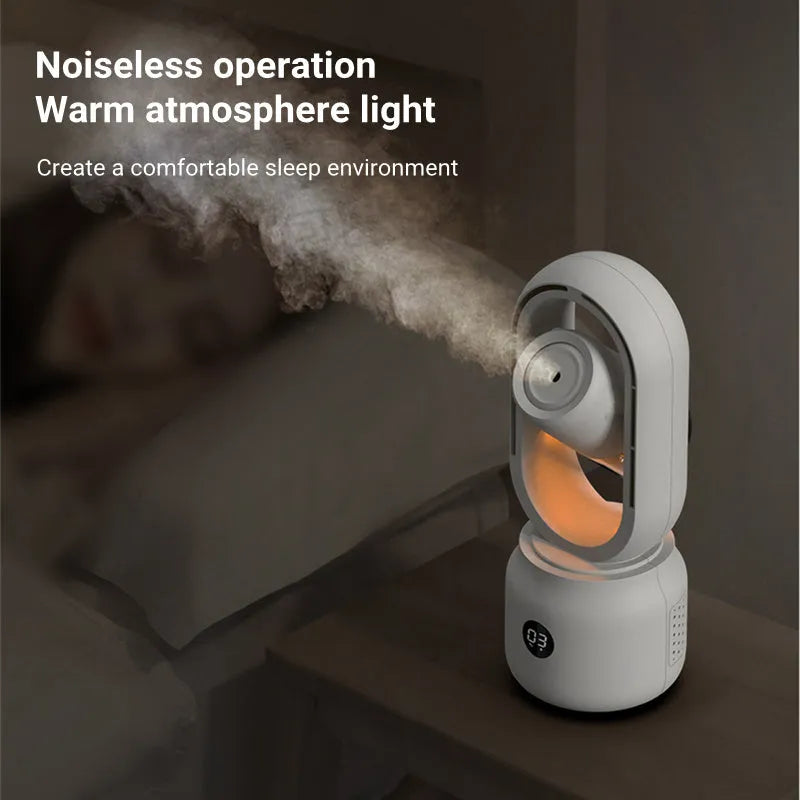 White bladeless portable table fan with humidifier tank on a wooden desk.