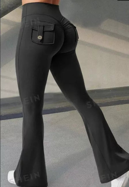 High waist flared yoga pants with pockets in black, brown, and green