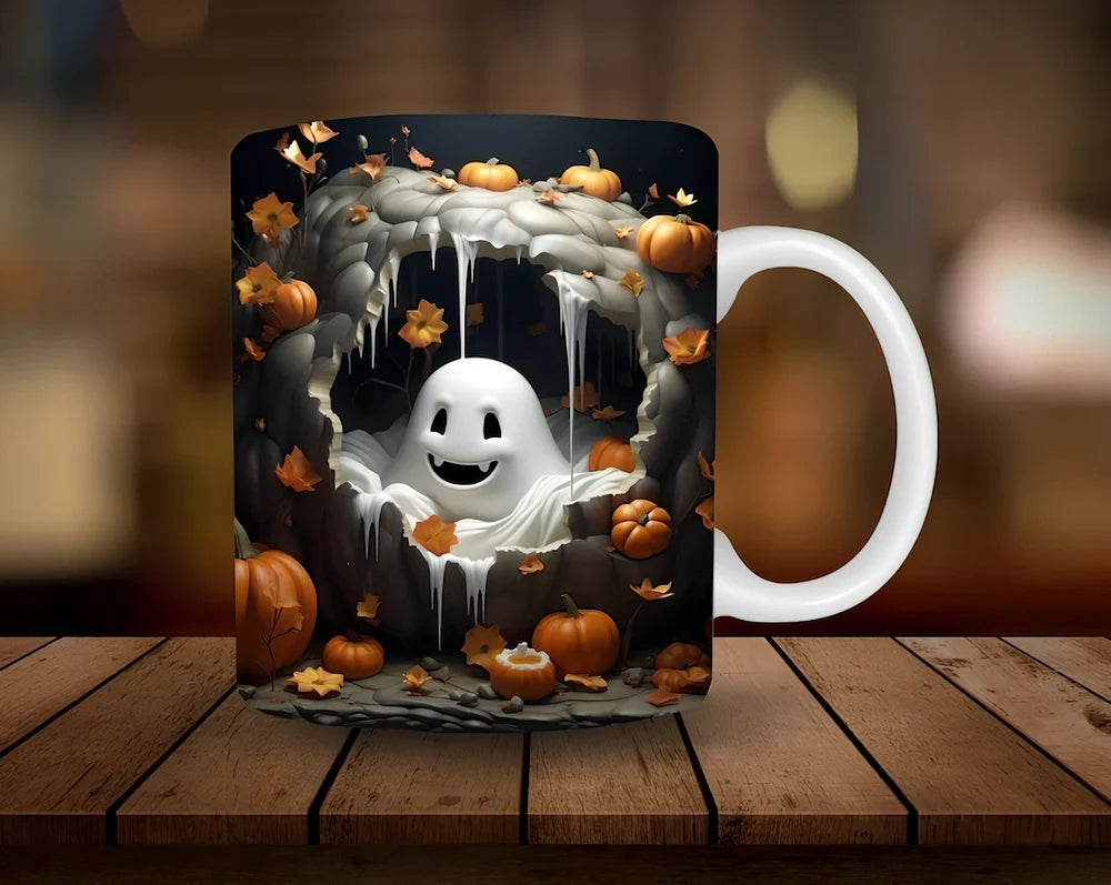 Halloween pumpkin design ceramic coffee mug with 350ml capacity and porcelain construction