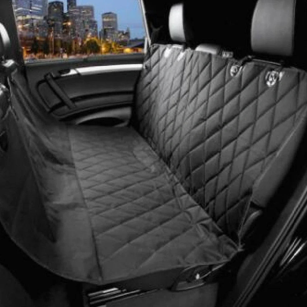 Waterproof dog car seat cover showing 137×147cm dimensions and safety exit design with car seatbelt buckle