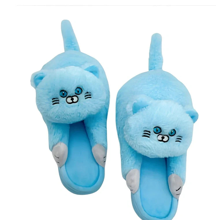 Cotton cat slippers with non-slip sole and animal pattern in blue, white, or beige