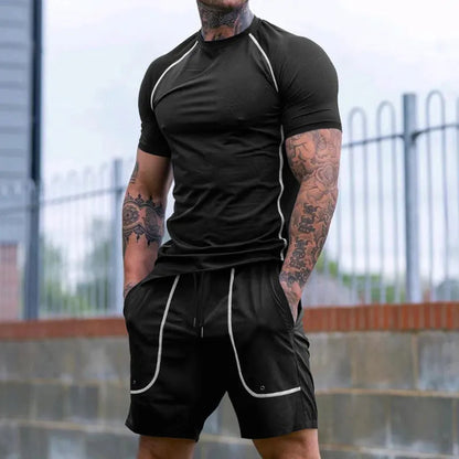Men's running fitness suit with short sleeve T-shirt and shorts in black polyester, sizes S to XXXL
