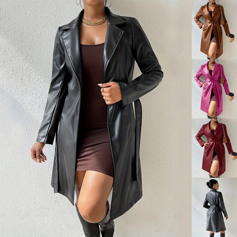Women's long sleeve faux leather trench coat in various colors with pockets and slim fit design