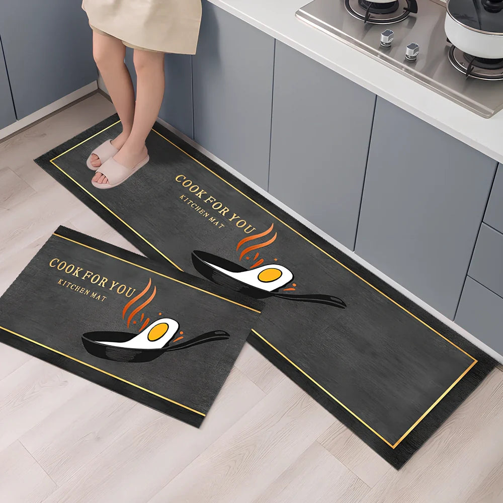 Rectangular polyester kitchen floor mat with machine-woven texture in modern design