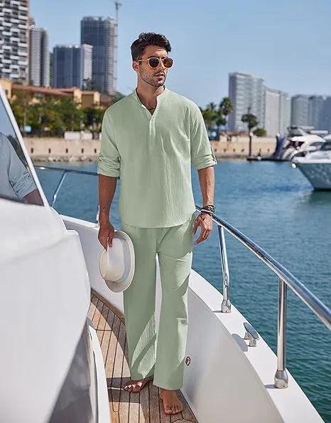 Men's casual cotton long sleeve trousers suit in solid colours on a hanger.