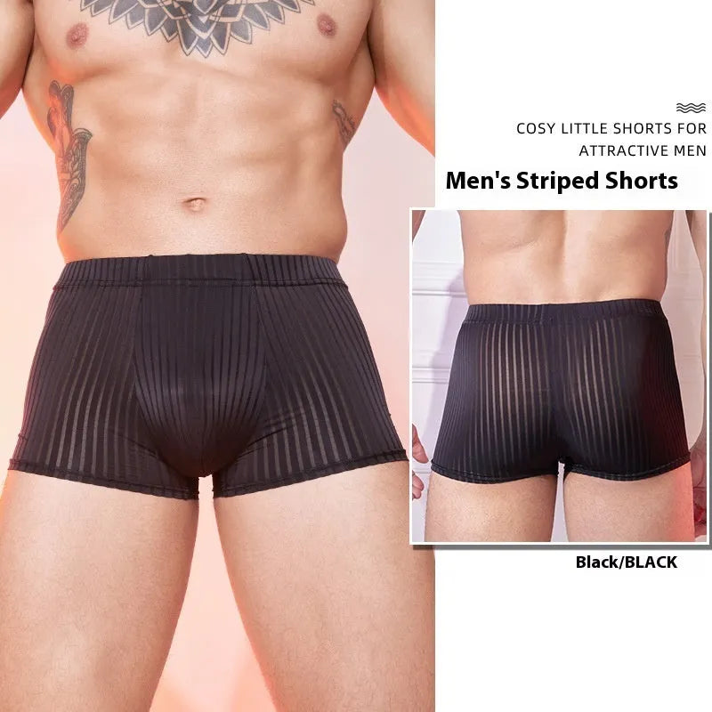 Men's striped underwear in black, white, or dark grey with thin nylon fabric and free size fit