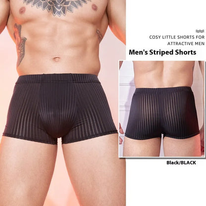 Men's striped underwear in black, white, or dark grey with thin nylon fabric and free size fit