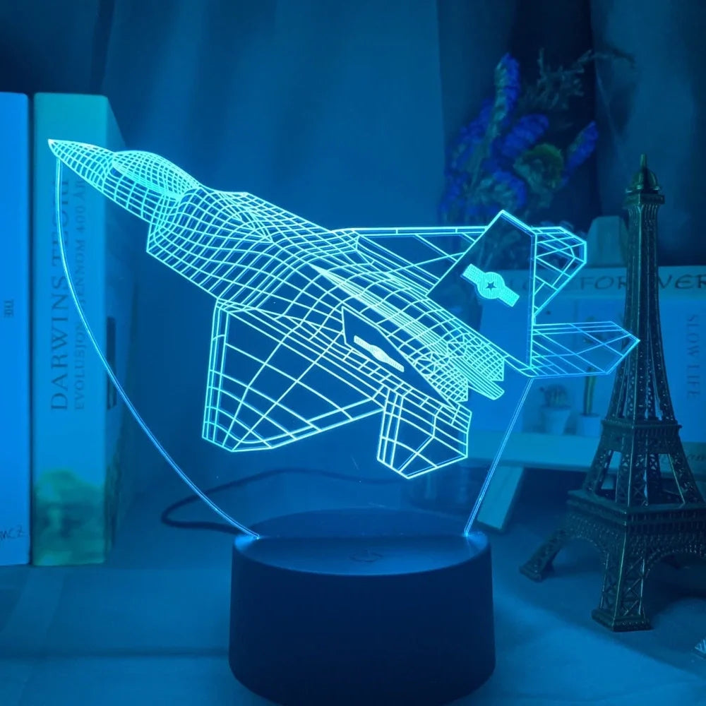 Custom 3D airplane hologram night light with optical acrylic panel and ABS base showing colour-changing illumination