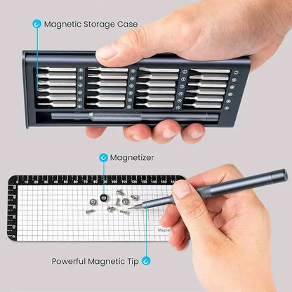 25-in-one screwdriver set with magnetic bits and knurled handle, 110mm long, for household repairs