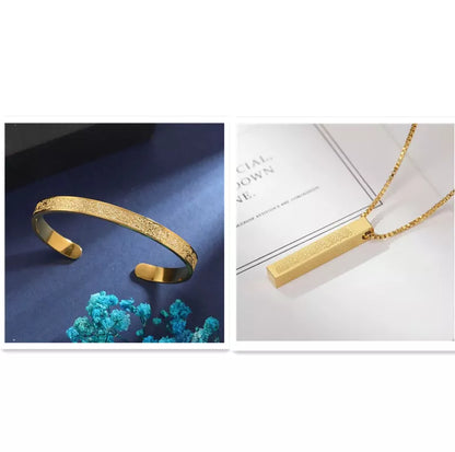 Stainless steel Arabic disc necklace and bracelet set with polished finish and personalized engraving