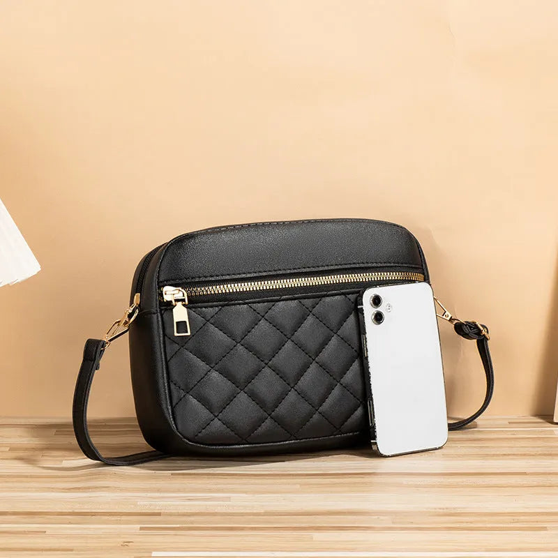 Large-capacity PU crossbody bag with diamond mesh, stitching, horizontal square shape, in white, black or pink