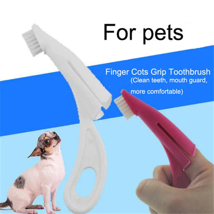 Red and white pet finger toothbrushes with soft silicone bristles for cleaning dog and cat teeth.