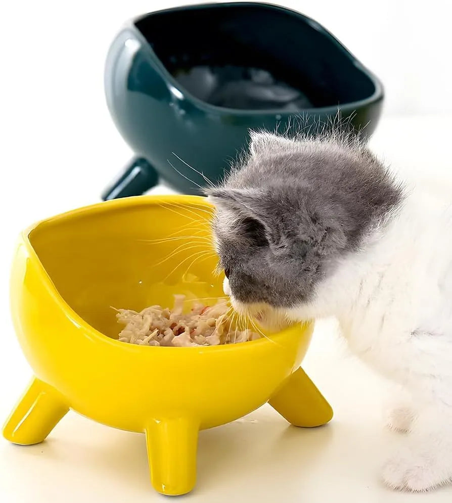 Green ceramic cat food bowl with four legs and elevated design for stable feeding