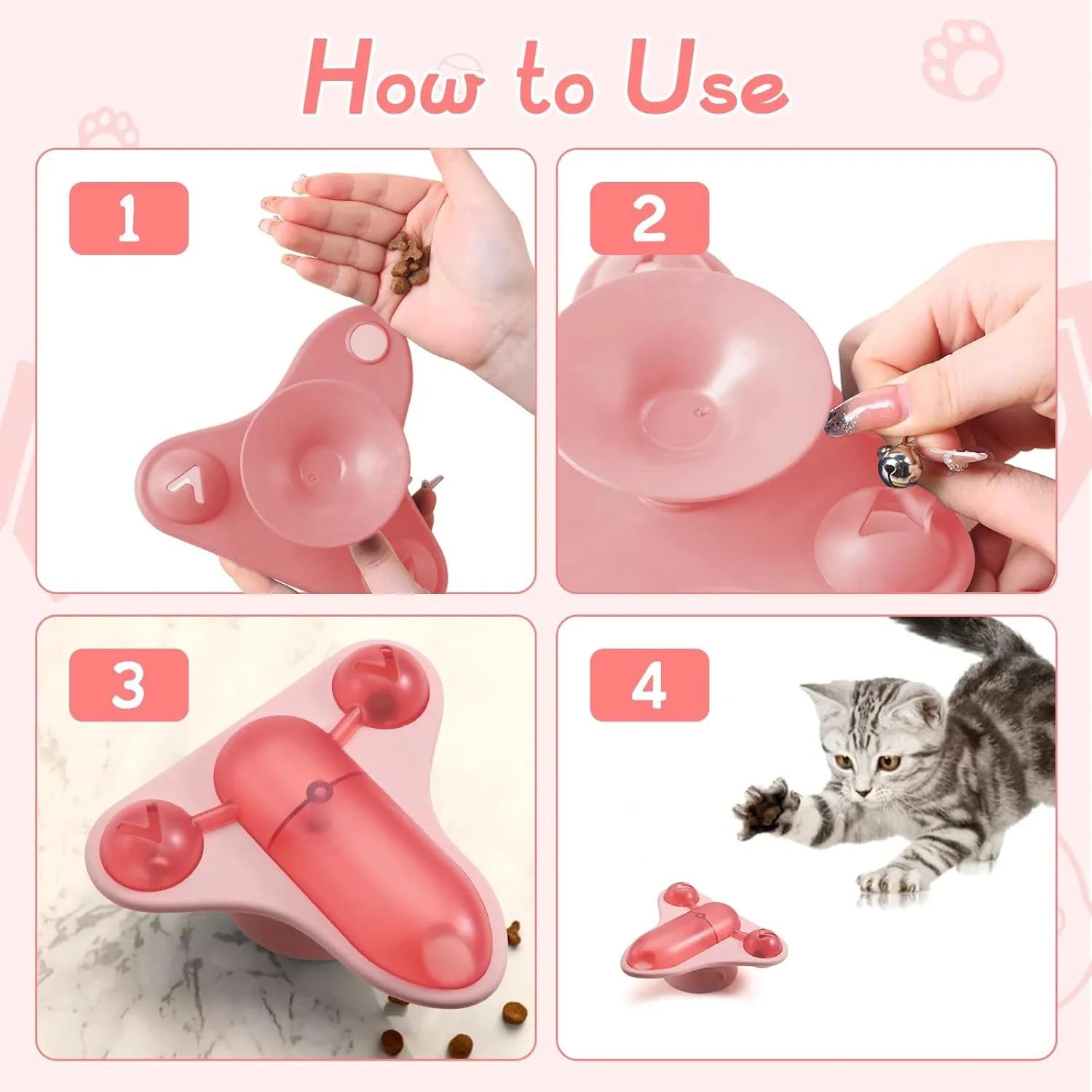 Blue interactive pet puzzle toy with bell, catnip, and snack cabin on a floor.