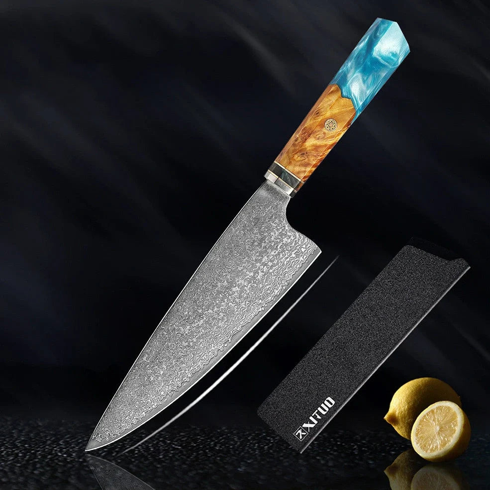 Six-piece Damascus steel kitchen knife set showing distinctive wave patterns on blades and pakkawood handles