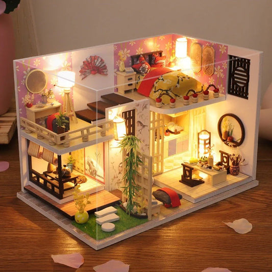 Wooden duplex loft villa model with cottage bamboo maple design measuring 30cm by 7cm by 16cm