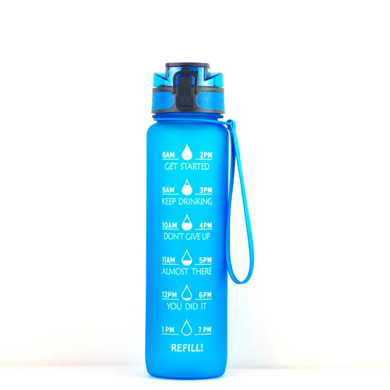 Transparent 1000ml Tritan sports water bottle with infuser on a plain background