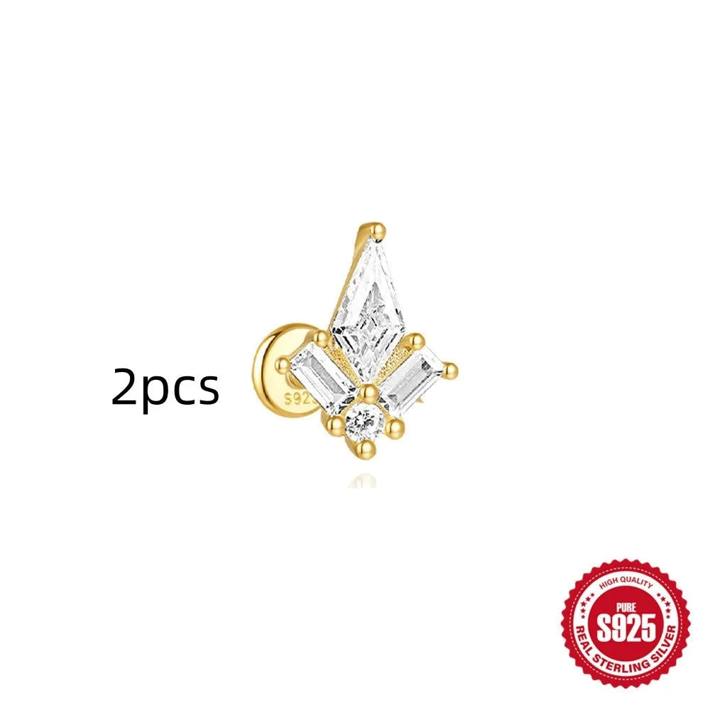 S925 sterling silver geometric kite earrings with rhinestone chain tassel in gold plating