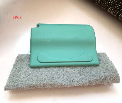 Window groove cleaning brush with comfortable grip and scouring pad head