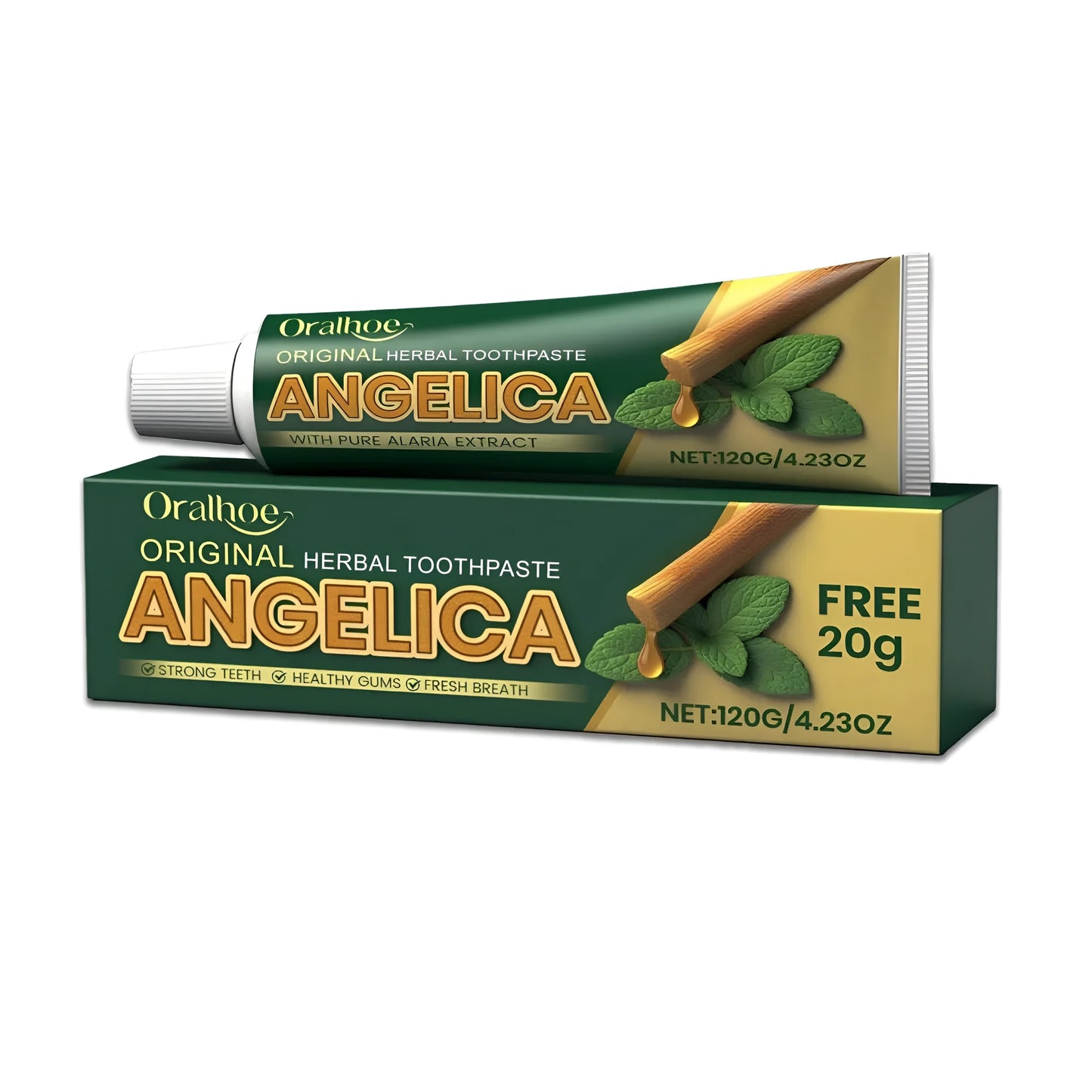 120g tube of fluoride-free herbal toothpaste with mint, angelica sinensis and kelp extracts.