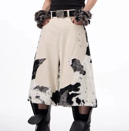 Milk fibre stitching fur cropped trousers with checkered pattern in picture colour, shown in Asian sizes S M L XL.