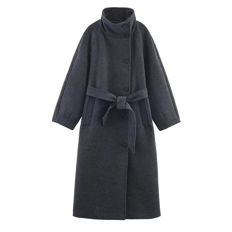 Grey women's stand collar belt overcoat with 100cm lengthened design and medium thickness construction