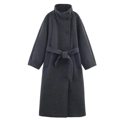Grey women's stand collar belt overcoat with 100cm lengthened design and medium thickness construction