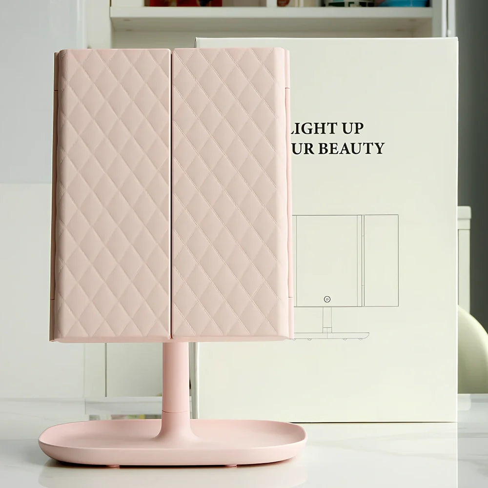 White LED makeup mirror with folded design showing rotation mechanism and magnification lenses