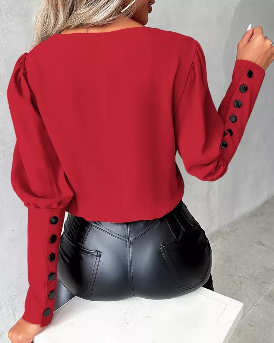 Women's V-neck long sleeve blouse with button design in various colors