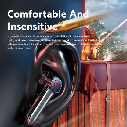 Black wireless Bluetooth gaming headset with noise reduction and low-latency features.