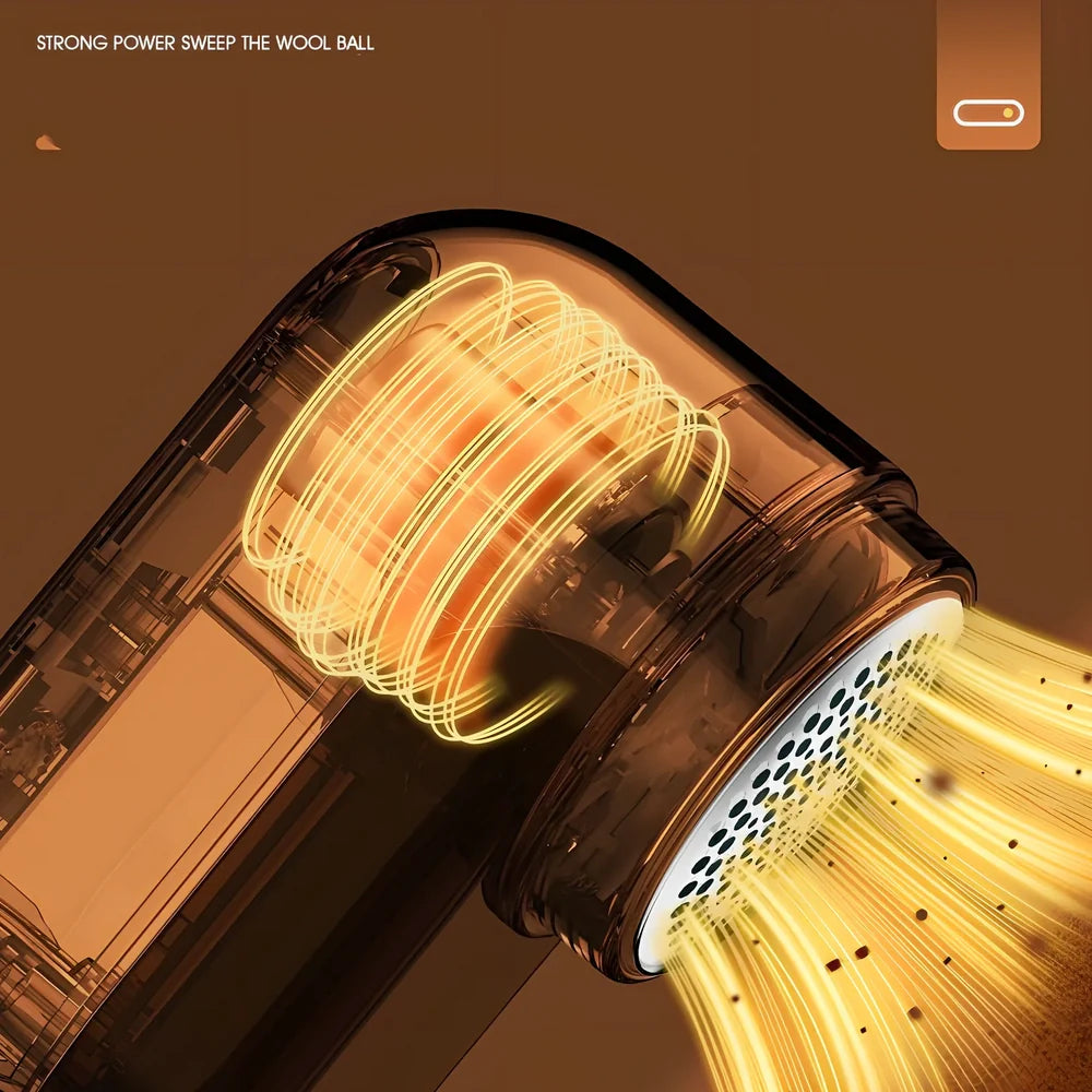 Rechargeable green lint trimmer removing fabric balls from wool jumper, digital display showing speed, 15 cm size with spare blades