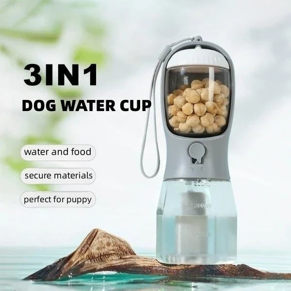 Versatile 3-in-1 pet water bottle with integrated water dispenser, food container, and waste bag compartment