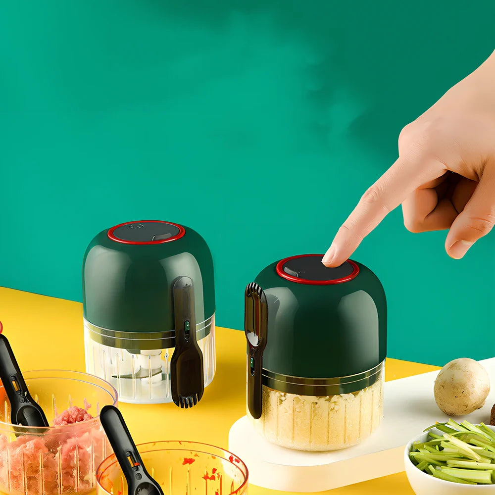 Blue electric garlic masher with USB charging cable, showing 11.5cm height