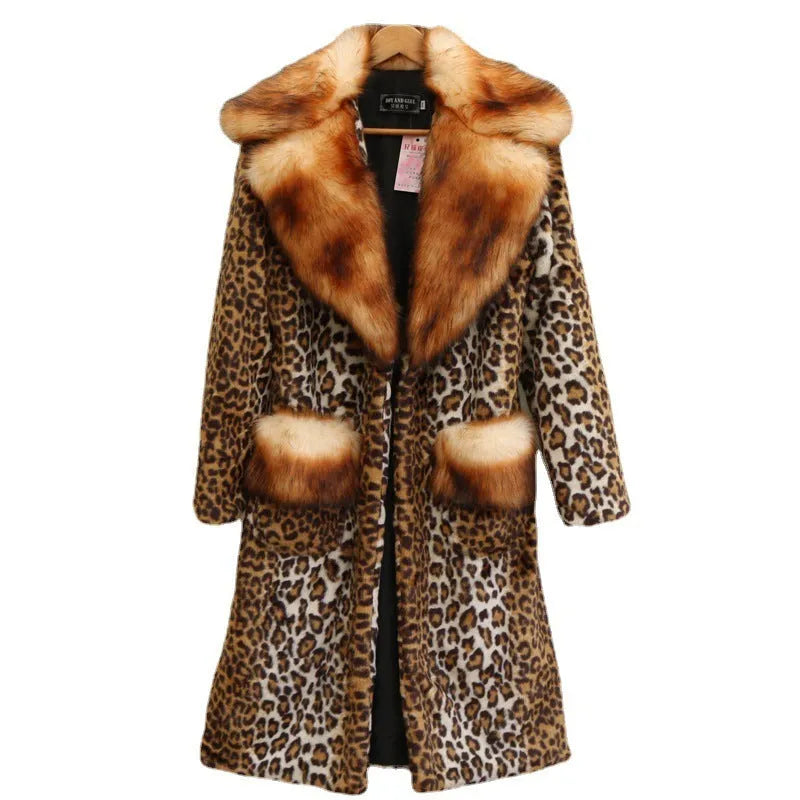 Long artificial fur jacket with leopard print design, regular sleeves, street fashion style for women's commuting wear