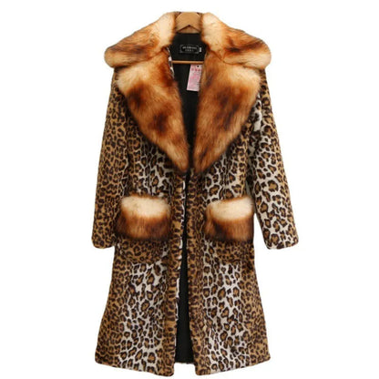 Long artificial fur jacket with leopard print design, regular sleeves, street fashion style for women's commuting wear