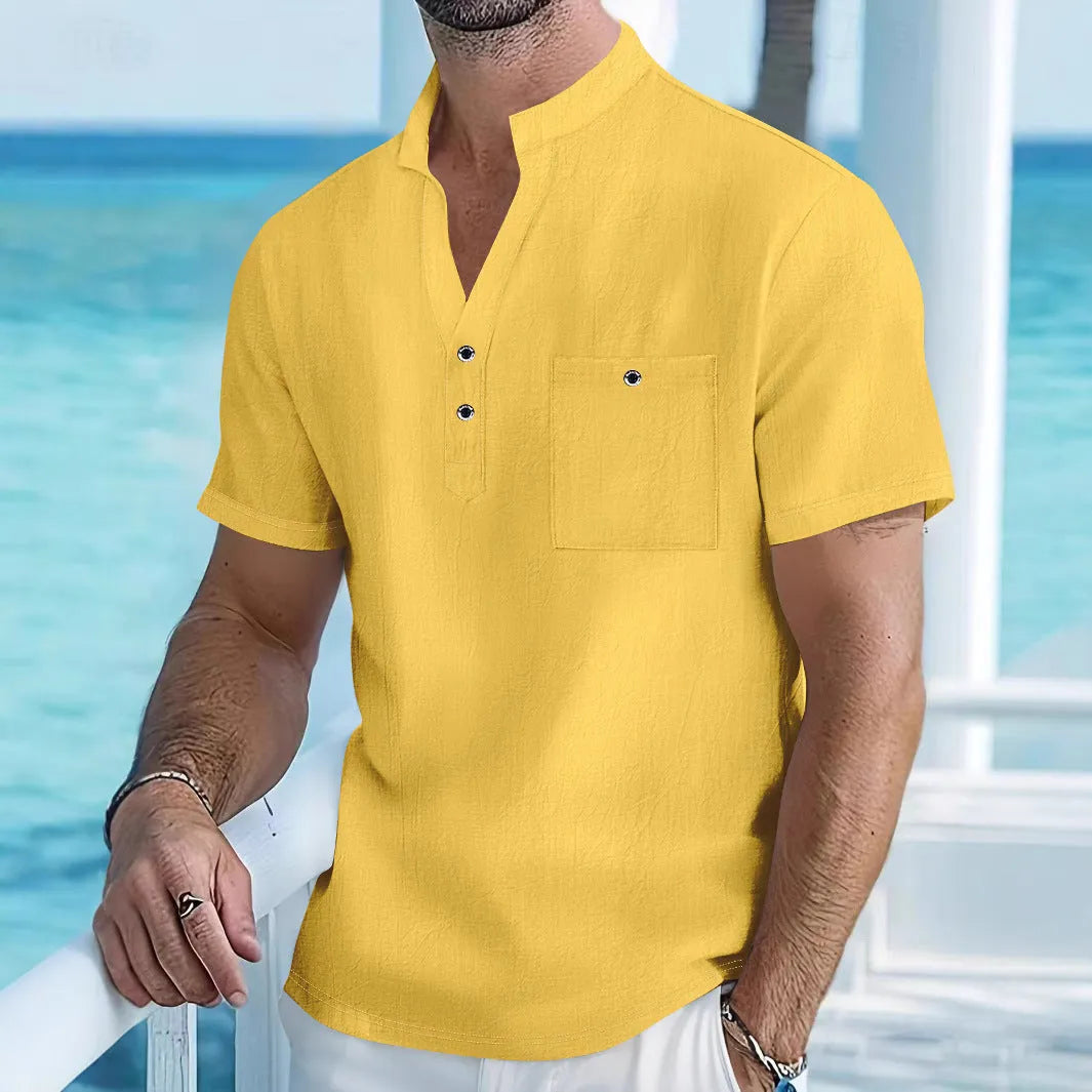 Stand collar linen T-shirt for men in loose pullover style with short sleeves, showing hemp-blended fabric texture
