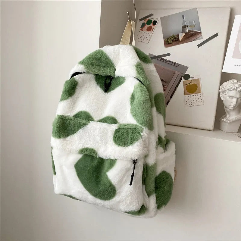 Furry plush backpack with heart pattern and three-dimensional outer pocket in khaki, green, black, pink or briquette