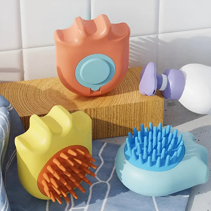 Pet bath brush with built-in shampoo box showing four brush types for dog and cat grooming