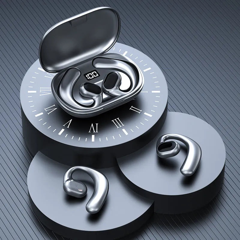 Black ear-mounted Bluetooth headset showing digital display screen and ear hook design